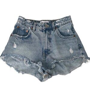 ZARA Distressed Denim High Waisted Women Shorts Blue 2